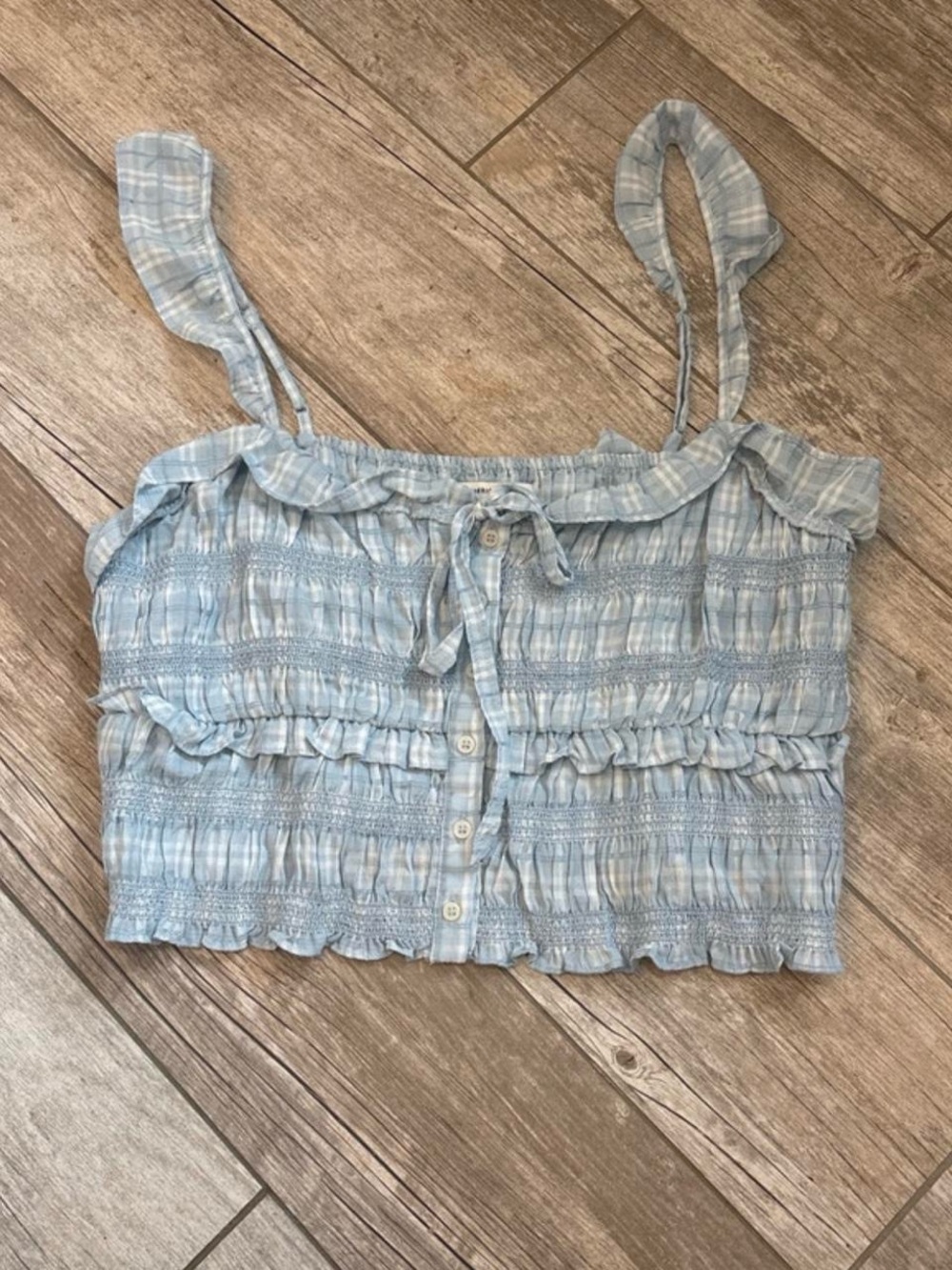 American Eagle Outfitters Light Blue Plaid Smocked Crop Top